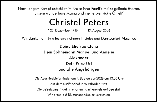 Traueranzeige von Christel Peters von Wiesbadener Kurier