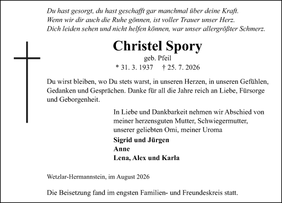 Traueranzeige von Christel Spory von Wetzlarer Neue Zeitung