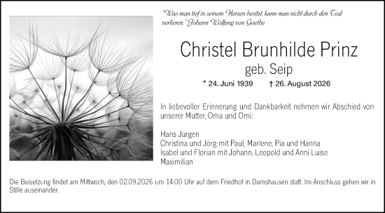 Traueranzeige von Christel Brunhilde Prinz von Hinterländer Anzeiger