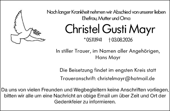 Traueranzeige von Christel Gusti Mayr von Starkenburger Echo