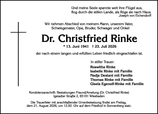 Traueranzeige von Christfried Rinke von Wiesbadener Kurier