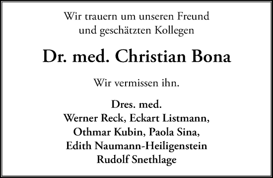 Traueranzeige von Christian Bona von Wiesbadener Kurier
