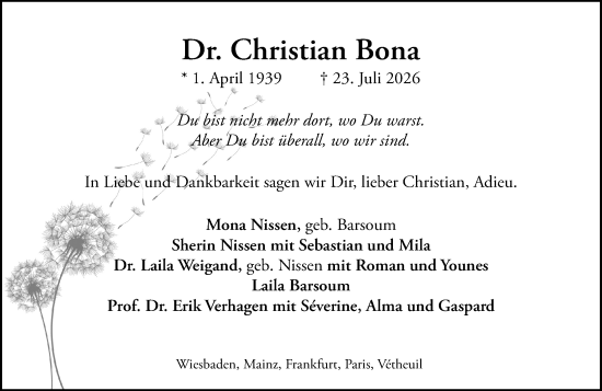 Traueranzeige von Christian Bona von Wiesbadener Kurier