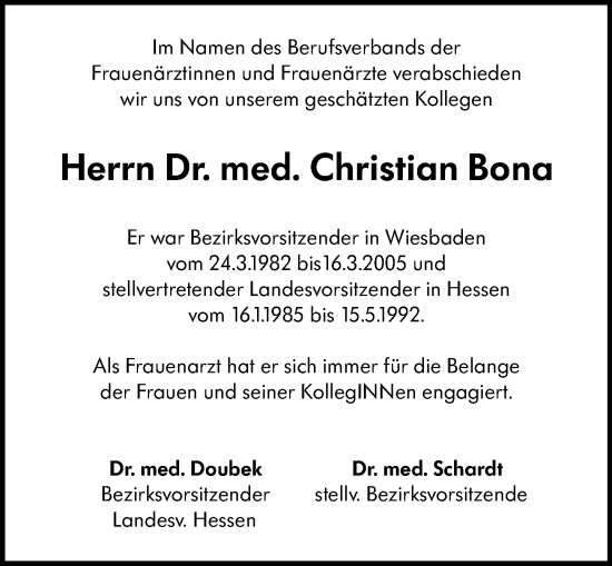 Traueranzeige von Christian Bona von Wiesbadener Kurier