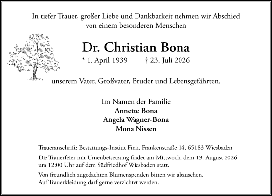 Traueranzeige von Christian Bona von Wiesbadener Kurier