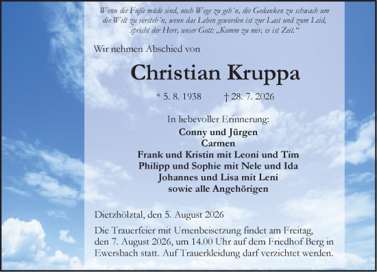 Traueranzeige von Christian Kruppa von Dill Block