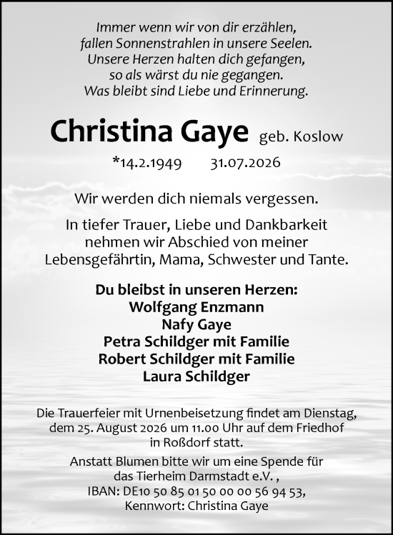 Traueranzeige von Christina Gaye von Darmstädter Echo