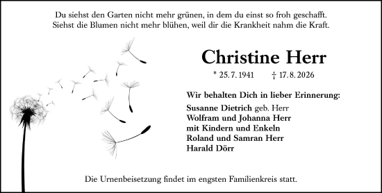 Traueranzeige von Christine Herr von Wetzlarer Neue Zeitung