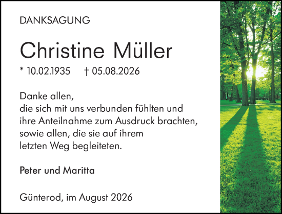 Traueranzeige von Christine Müller von Hinterländer Anzeiger