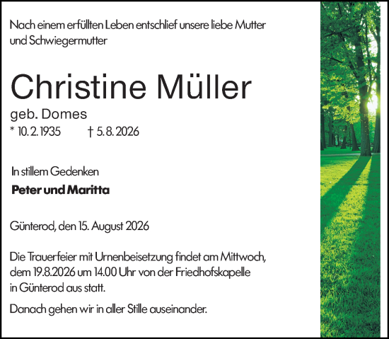 Traueranzeige von Christine Müller von Hinterländer Anzeiger