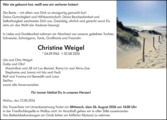 Traueranzeige von Christine Weigel von Hinterländer Anzeiger