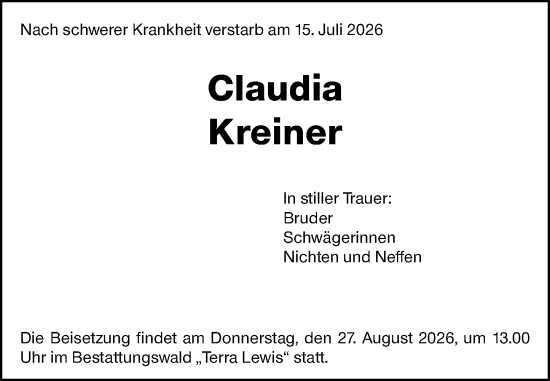 Traueranzeige von Claudia Kreiner von Wiesbadener Kurier