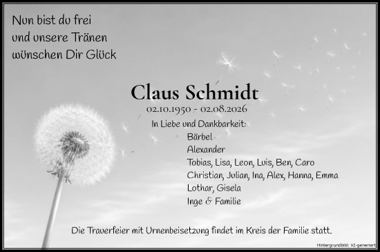 Traueranzeige von Claus Schmidt von Hinterländer Anzeiger