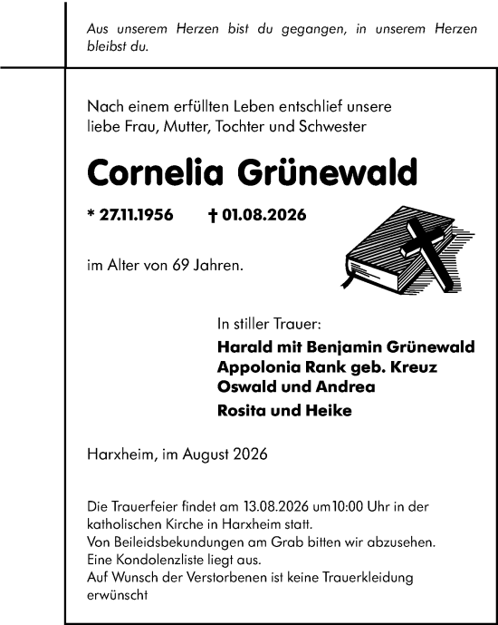 Traueranzeige von Cornelia Grünewald von Allgemeine Zeitung Mainz