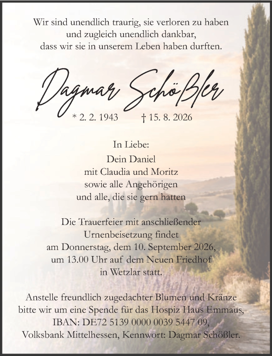 Traueranzeige von Dagmar Schößler von Wetzlarer Neue Zeitung