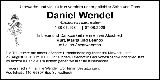 Traueranzeige von Daniel Wendel von Rheingau-Taunus-Kreis Wochenblatt