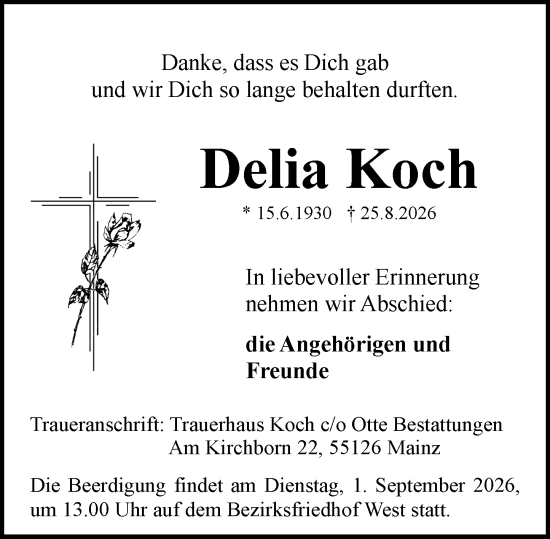 Traueranzeige von Delia Koch von Allgemeine Zeitung Mainz
