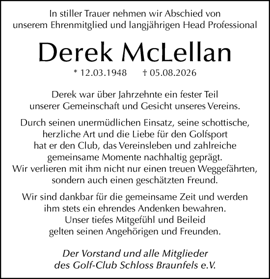 Traueranzeige von Derek McLellan von Weilburger Tageblatt
