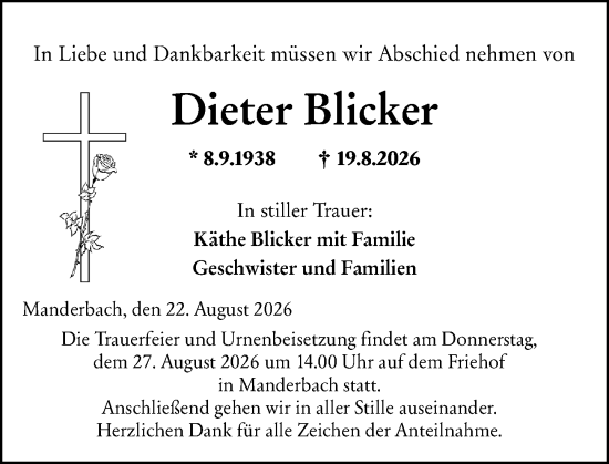 Traueranzeige von Dieter Blicker von Dill Block