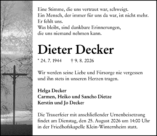 Traueranzeige von Dieter Decker von Allgemeine Zeitung Mainz