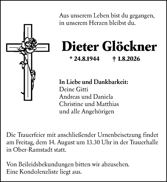 Traueranzeige von Dieter Glöckner von Darmstädter Echo