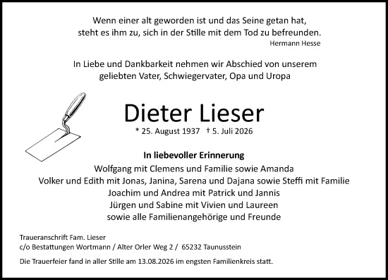 Traueranzeige von Dieter Lieser von Rheingau-Taunus-Kreis Wochenblatt