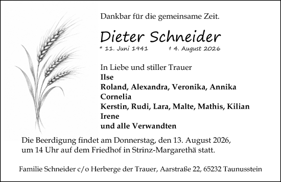 Traueranzeige von Dieter Schneider von Idsteiner Land/Untertaunus