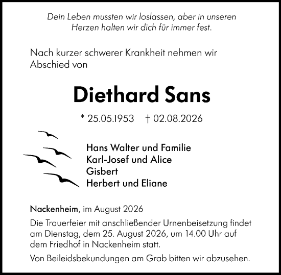 Traueranzeige von Diethard Sans von Allgemeine Zeitung Mainz