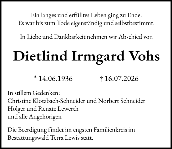 Traueranzeige von Dietlind Irmgard Vohs von Wiesbadener Kurier