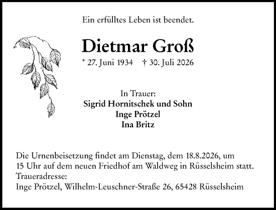 Traueranzeige von Dietmar Groß von Rüsselsheimer Echo
