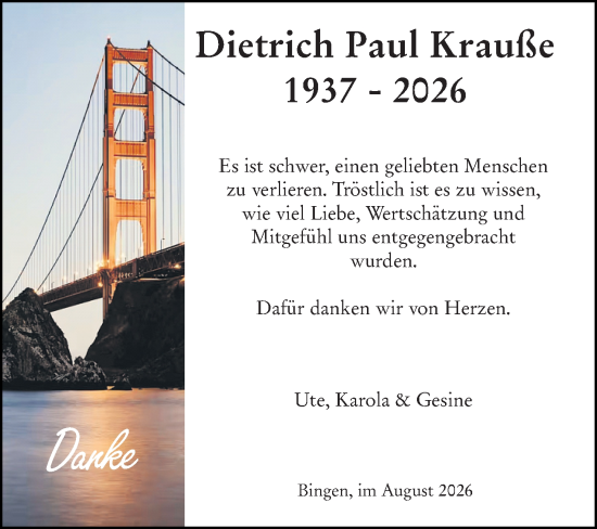 Traueranzeige von Dietrich Paul Krauße von Binger-/Ingelheimer Wochenblatt