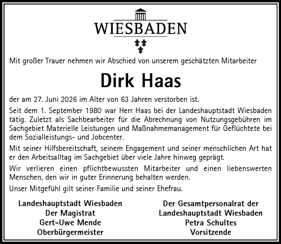 Traueranzeige von Dirk Haas von Wiesbadener Kurier