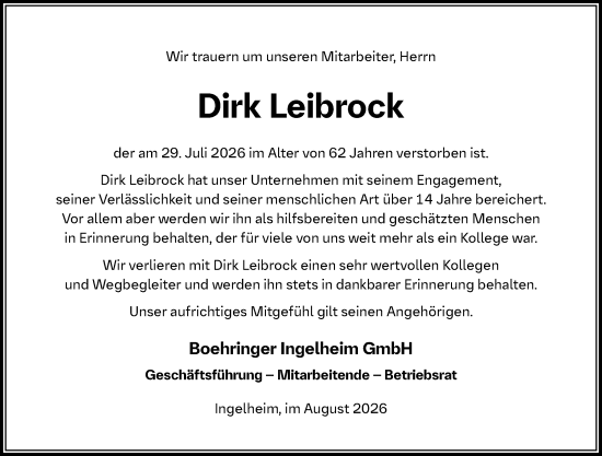 Traueranzeige von Dirk Leibrock von Allgemeine Zeitung Rheinhessen-Nahe