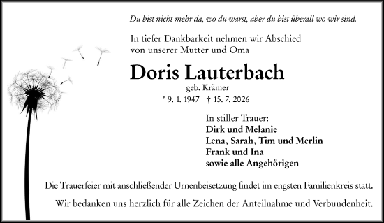 Traueranzeige von Doris Lauterbach von Wetzlarer Neue Zeitung
