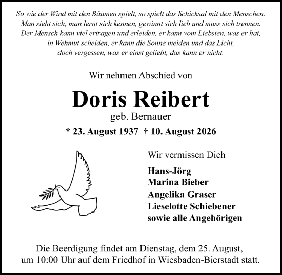 Traueranzeige von Doris Reibert von Wiesbadener Kurier