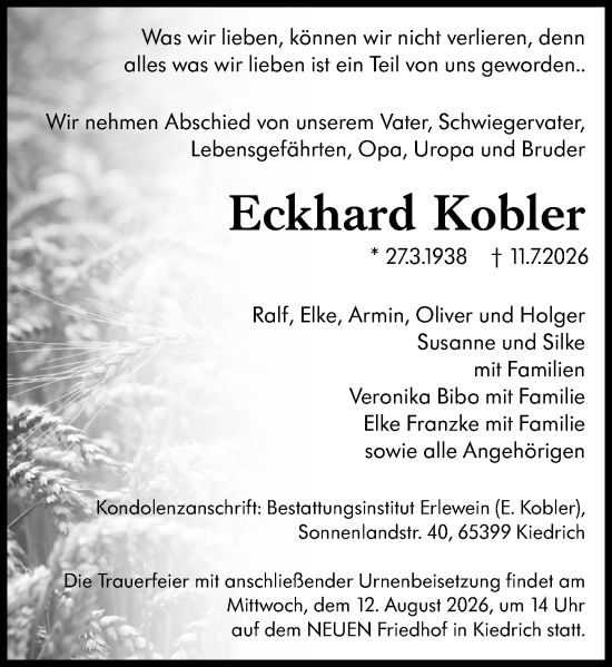 Traueranzeige von Eckhard Kobler von Rheingau Kurier