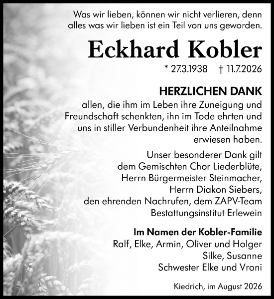 Traueranzeige von Eckhard Kobler von Rheingau Kurier