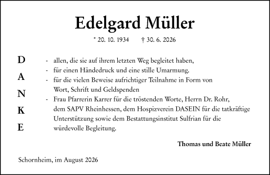 Traueranzeige von Edelgard Müller von Allgemeine Zeitung Alzey