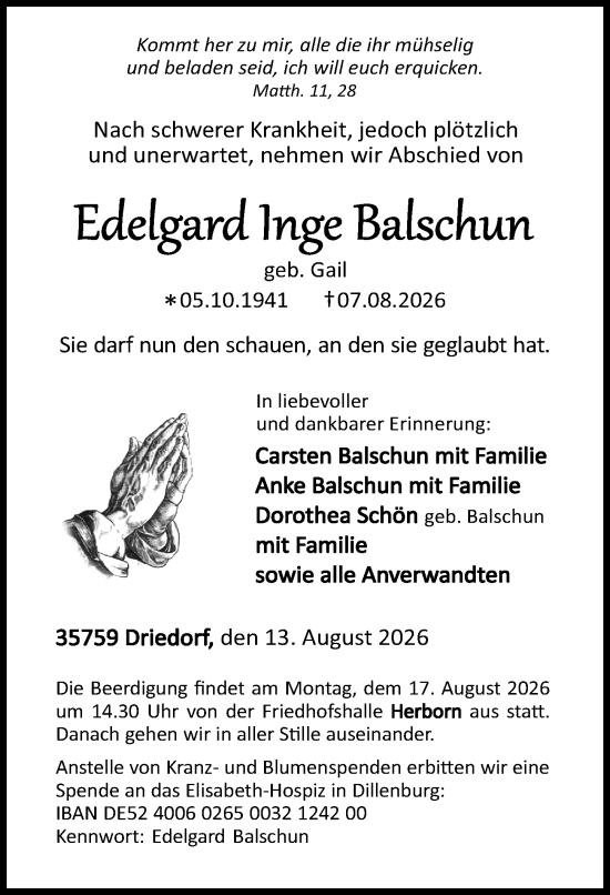 Traueranzeige von Edelgard Inge Balschun von Dill Block