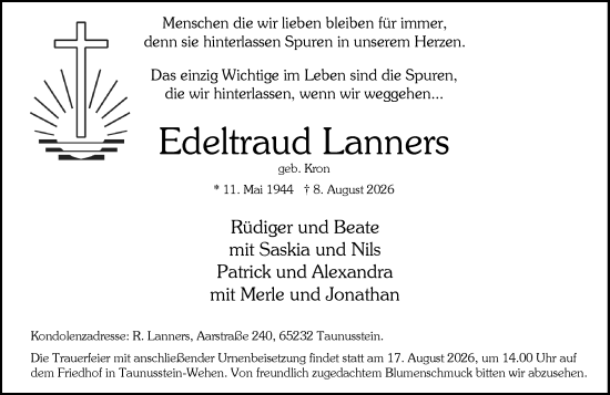 Traueranzeige von Edeltraud Lanners von Wiesbadener Kurier