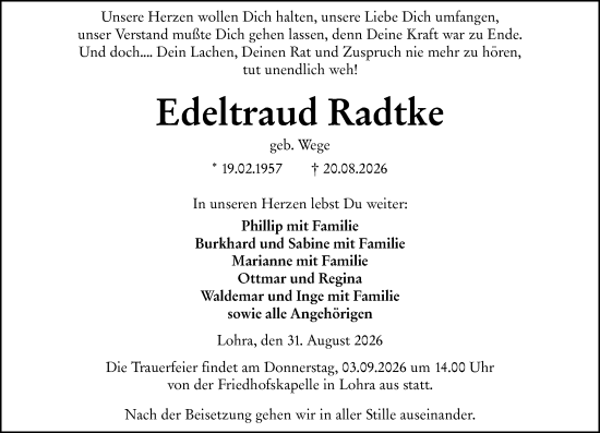 Traueranzeige von Edeltraud Radtke von Hinterländer Anzeiger