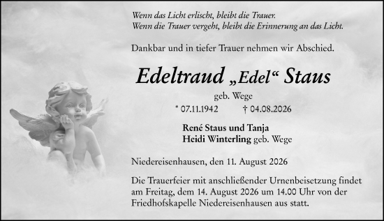 Traueranzeige von Edeltraud Staus von Hinterländer Anzeiger