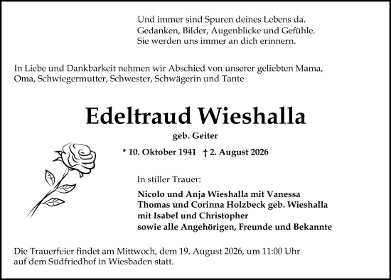 Traueranzeige von Edeltraud Wieshalla von Wiesbadener Kurier