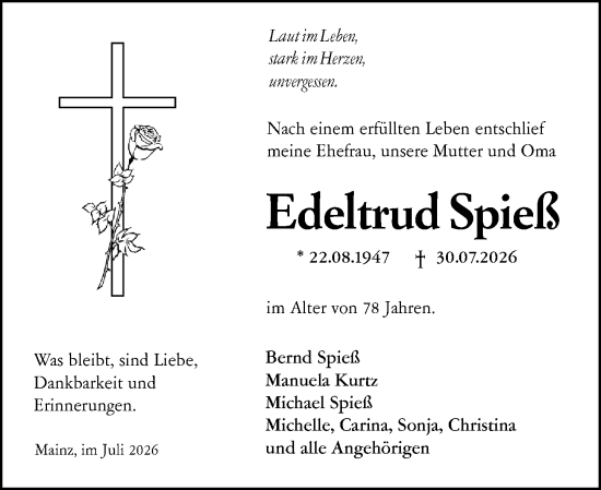 Traueranzeige von Edeltrud Spieß von Allgemeine Zeitung Mainz