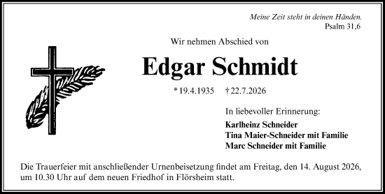 Traueranzeige von Edgar Schmidt von Rüsselsheimer Echo