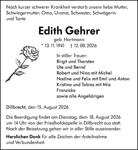 Traueranzeige von Edith Gehrer von Dill Block