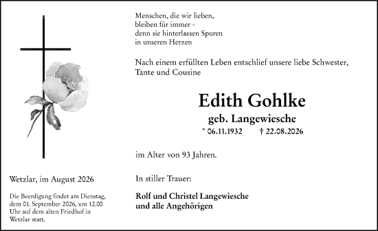 Traueranzeige von Edith Gohlke von Wetzlarer Neue Zeitung