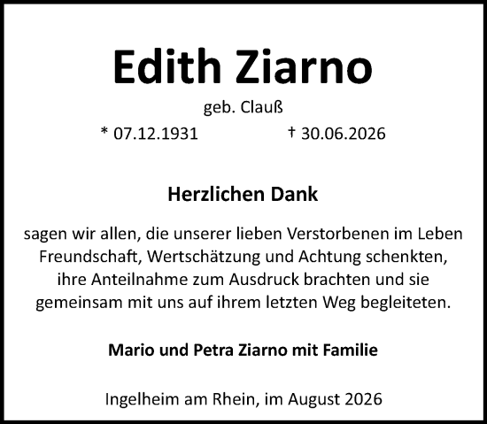 Traueranzeige von Edith Ziarno von Allgemeine Zeitung Rheinhessen-Nahe