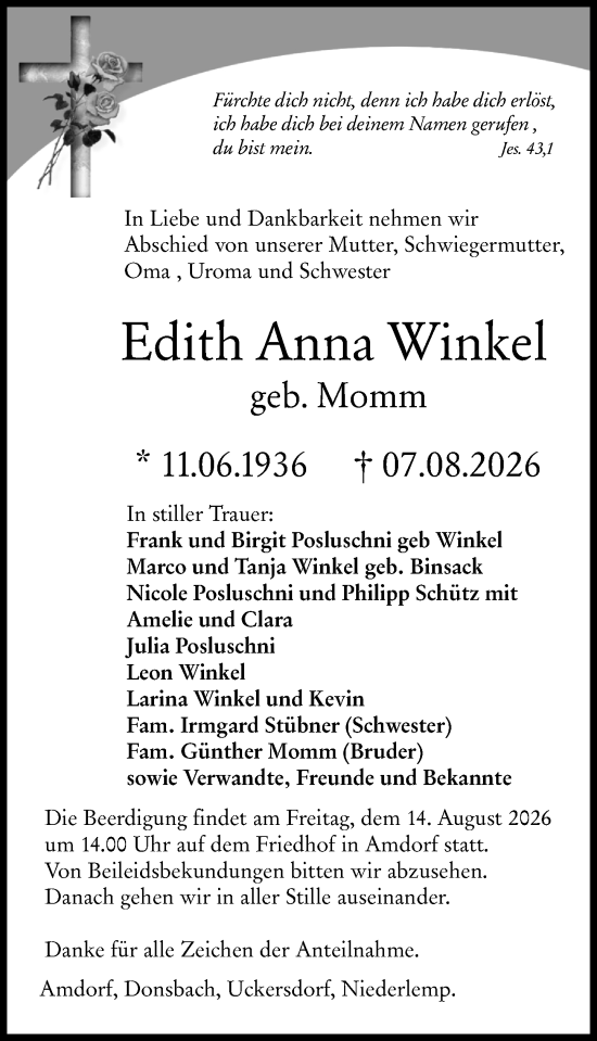 Traueranzeige von Edith Anna Winkel von Dill Block