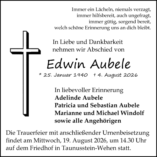 Traueranzeige von Edwin Aubele von Wiesbadener Kurier